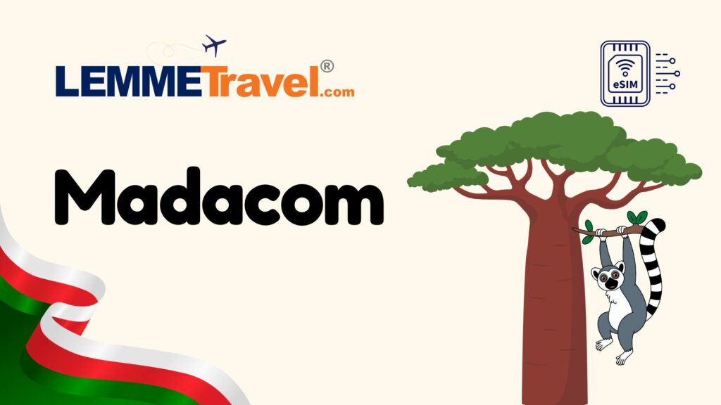 Banner ng brand ng paglalakbay na nagpapakita ng logo ng LEMME Travel at tekstong 'Maddacom' na may cartoon lemur na nakasabit sa isang puno at isang kulot na pula-puting-berdeng laso sa kaliwa; icon ng eSIM sa kanang itaas.