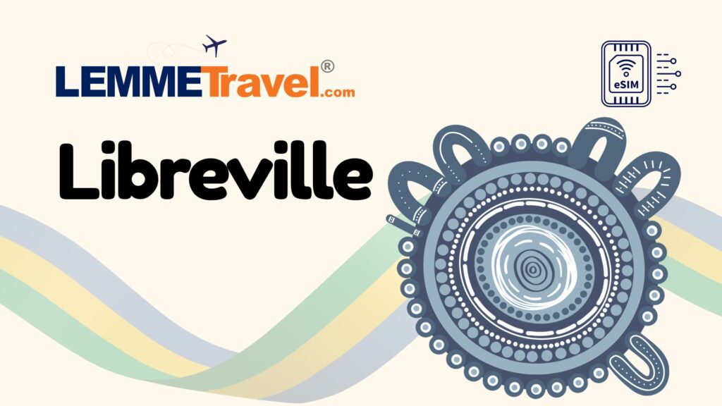 Banner ng brand na may nakasulat na 'Libreville' sa naka-bold na mga letra at ang logo ng LEMMETravel.com sa itaas, kasama ang isang malaking pandekorasyon na asul na graphic ng gear sa kanan.